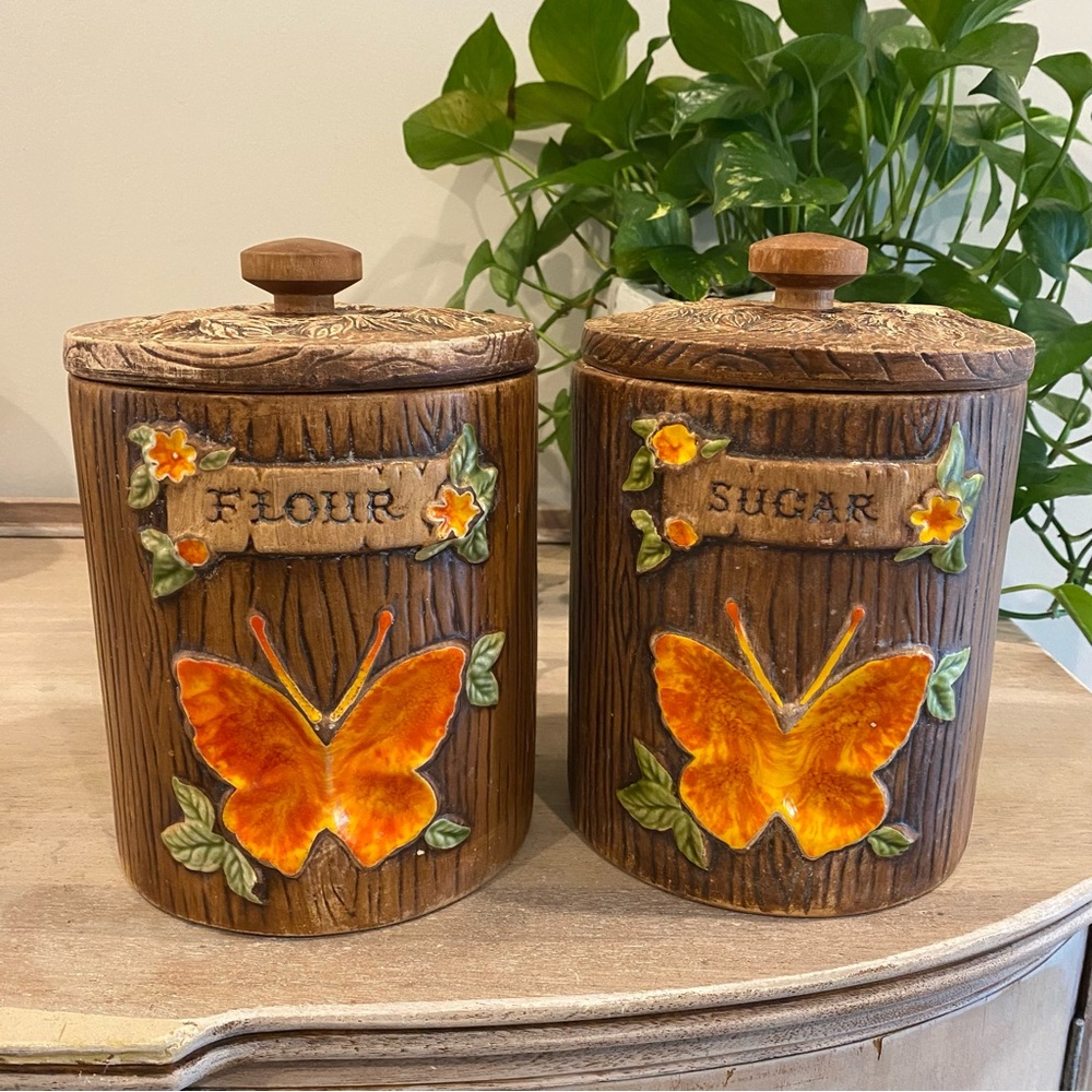 Vintage 1970's Ceramic Treasure Craft Whimsical Boho Orange Butterfly Canisters